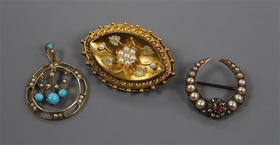 A pearl and ruby-set brooch, a 9ct, turquoise, pearl and gold openwork pendant and a pearl-set gilt metal navette brooch